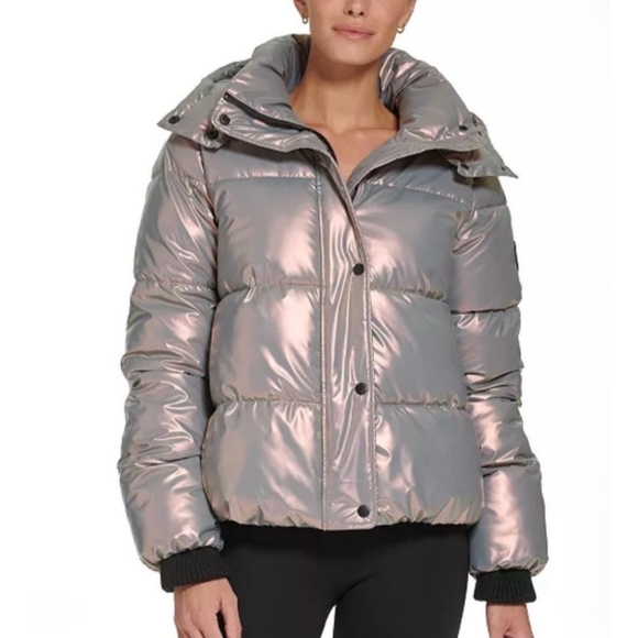 DKNY SPORT women’s removable hood metallic/irridescent puffer jacket - Small - Picture 5 of 9